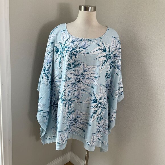 NEW For Cynthia Womens XL Tropical Linen Blend Poncho Tunic Top Blue White - Picture 1 of 8